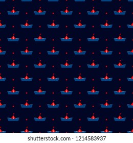 Marine seamless pattern with paper ships.Summer blue vector background.Textile texture
