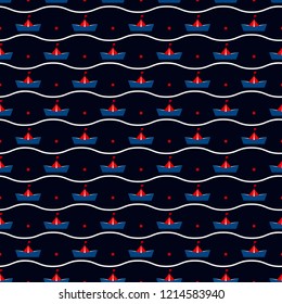 Marine seamless pattern with paper ships.Summer blue vector background.Textile texture
