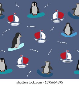 Marine Seamless Pattern with Penguins and yachts on blue.