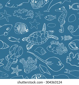 Marine seamless pattern. Picture of tropical fish, shells, corals and other marine life. Vector illustration.