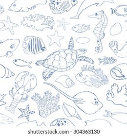 Marine seamless pattern. Picture of tropical fish, shells, corals and other marine life. Vector illustration.
