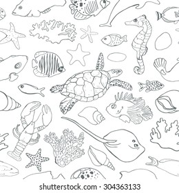 Marine seamless pattern. Picture of tropical fish, shells, corals and other marine life. Vector illustration.