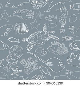 Marine seamless pattern. Picture of tropical fish, shells, corals and other marine life. Vector illustration.