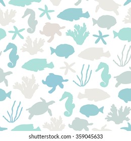 Marine seamless pattern. Picture of tropical fish, shells, corals and other marine life. Vector illustration.
