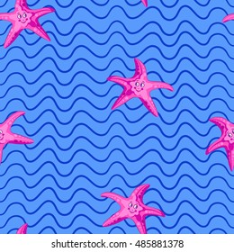 Marine seamless pattern with pink starfish, wavy horizontal stripes. Sea background in blue colors.vector illustration for children's books, textile, fabric, gift paper. 