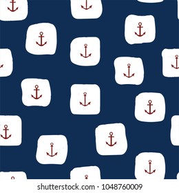 Marine seamless pattern with red anchors and white squares. Vector.