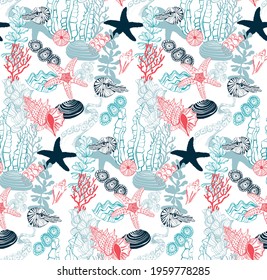 Marine seamless pattern. Repeat print with seashells, seaweed, starfish and anemones on a white background. Pattern for scrapbooking, textiles, fashion.
