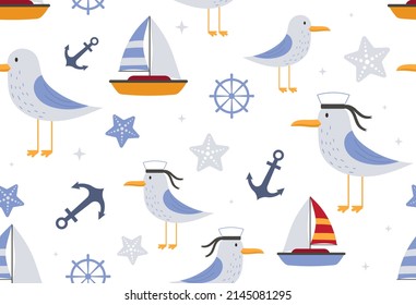 Marine seamless pattern. Repeating image for printing on bed linen. Nautical style, ships, stars and seagulls. Creative marine summer background, poster or banner. Cartoon flat vector illustration