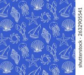 Marine seamless pattern in retro style with marine attributes on a blue background. Vector.