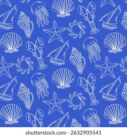 Marine seamless pattern in retro style with marine attributes on a blue background. Vector.