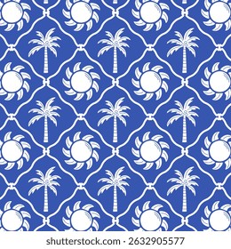 Marine seamless pattern in retro style with palm tree and sun on blue background. Vector.