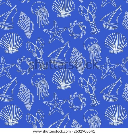 Marine seamless pattern in retro style with marine attributes on a blue background. Vector.