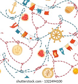 Marine Seamless Pattern with Rope Knot and Gemstones. Nautical Fabric Background with Loop Navy Ornament and Diamonds for Wallpaper, Decoration, Wrapping. Vector illustration