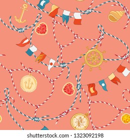 Marine Seamless Pattern with Rope Knot and Gemstones. Nautical Fabric Background with Loop Navy Ornament and Diamonds for Wallpaper, Decoration, Wrapping. Vector illustration