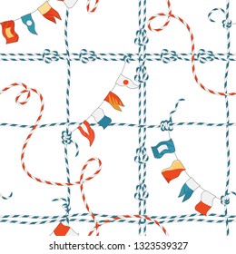 Marine Seamless Pattern with Rope Knot and Flags. Nautical Fabric Background with Loop Navy Ornament for Wallpaper, Decoration, Wrapping. Vector illustration