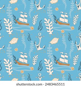 Marine seamless pattern. Sailboat, anchor, various shells and algae. Exquisite vector nautical illustration