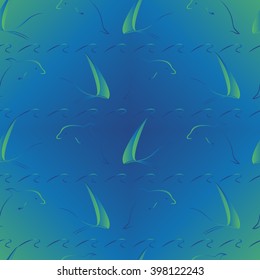 Marine seamless pattern with sailboat, dolphin and wave on a dark background for textile printing, packaging