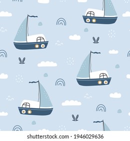 Marine seamless pattern with sailboat and water waves Hand drawn design in cartoon style for print, wallpaper, gift wrap, clothing pattern. Vector illustration.