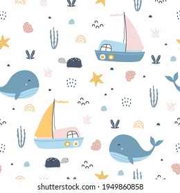 Marine seamless pattern with sailboat and whale Hand drawn design in cartoon style used for print Wallpaper, decoration, clothing pattern, textile Vector illustration.