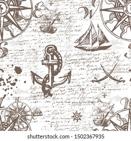Marine seamless pattern with sailboats, anchor, and text. Vintage image.