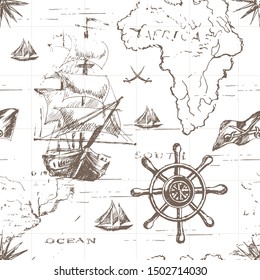 Marine seamless pattern with sailboats, helm, anchor, and text. Vintage map