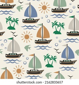 Marine seamless pattern with a sailing boat. Cartoon childish background. Sea seamless pattern. Cute sailboat on a light background. Boat, palm trees, fish and the sun on a cute pattern.