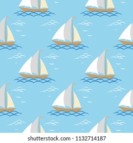 Marine seamless pattern. Sailing boats on a blue background.
