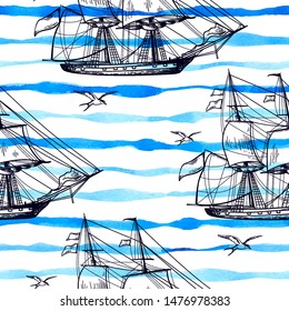 Marine seamless pattern with sailing ship and blue watercolor lines. Hand drawn vector background