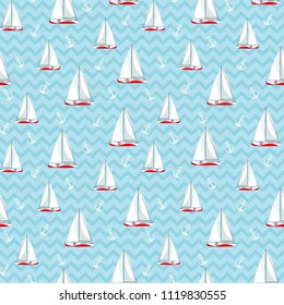 Marine seamless pattern, sailing yachts and anchors, wavy pastel light blue background. Summer vector illustration, for textile fabric print, paper, surface, card, web backdrop, clothing, linen, etc.