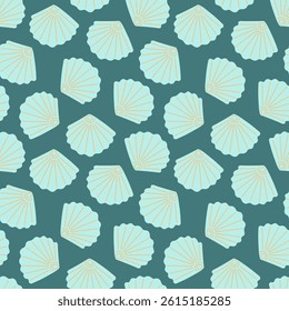 Marine seamless pattern with scallops. Vector seashells on blue background in flat style. Summer vacation.