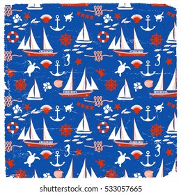 Marine seamless pattern with sea animals ship boat lifebuoy anchor wheel and rope vector illustration
