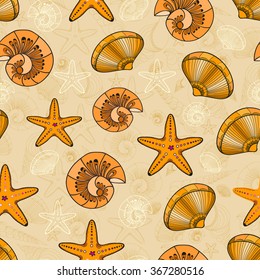 Marine seamless pattern. Sea background vector illustration. Seamless pattern of seashells.