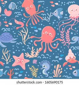 Marine seamless pattern of sea life. Cute cartoon ocean and sea animals. Blue background. Vector illustration