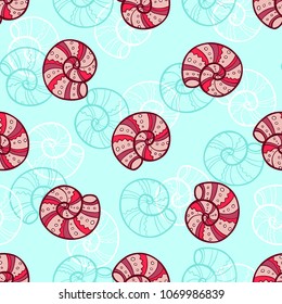 Marine seamless pattern with sea shells on a green background. Hand drawn vector illustration.