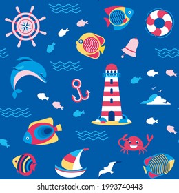 Marine seamless pattern with sea simbols. Summer, beach, adventure, sealife. Vector illustration, background, texture, wallpaper, print for fabric, textile.