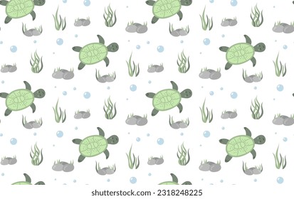 Marine seamless pattern with sea turtles, rocks and seaweed. Vector cartoon background for nursery fabric, paper, decor, toys and clothes. Cute baby illustration in pastel colors.