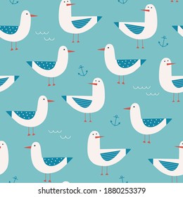 Patrón marino sin soldadura con gaviotas, anclas y olas. Ilustración vectorial para niños. Perfecto para ropa de bebé y textiles.