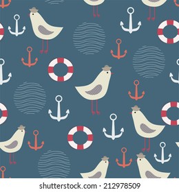 Marine seamless pattern with seagulls (vector background)