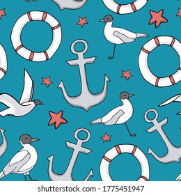 Marine seamless pattern. Seaguls, anchor and lifebuoys on blue background. Summer trip, adventures. Cartoon cute vector illustration for kids, textile, print, cover, decoration