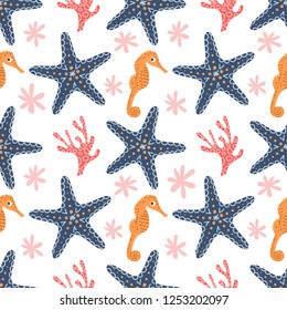 Marine seamless pattern, seahorse, starfish, corals. Vector