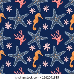 Marine seamless pattern, seahorse, starfish, corals. Vector