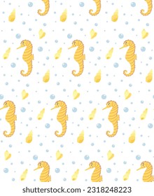Marine seamless pattern with seahorses, seashells and bubbles. Vector cartoon background for nursery fabric, paper, decor, toys and clothes. Cute baby illustration in pastel colors.