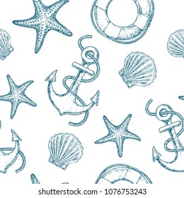 Marine seamless pattern with seashell, starfish and anchor. Vector