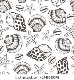 marine seamless pattern with seashell and starfish. summer time, sea, underwater hand-drawn sea shells