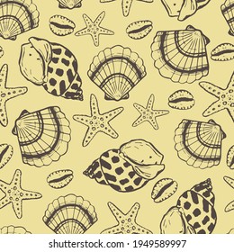 marine seamless pattern with seashell and starfish. summer time, sea, underwater hand-drawn sea shells