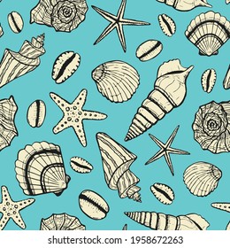 marine seamless pattern with seashell and starfish. summer time, sea, underwater hand-drawn vector sea shells
