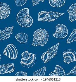 marine seamless pattern with seashell. summer time, sea, underwater hand-drawn sea shells