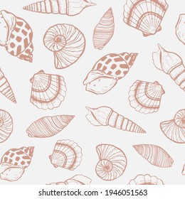 marine seamless pattern with seashell. summer time, sea, underwater hand-drawn sea shells