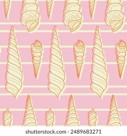 Marine seamless pattern with seashell. Summer time, sea, underwater. Hand-drawn sea shells illustration in pastel colors