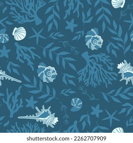 Marine seamless pattern with seashells, algae, starfish. Vector graphics.